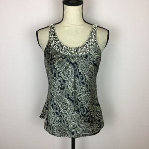 Ann Taylor Loft Blouse Tank Top Sz 8P Womans Navy White Paisley Sleeveless Bead